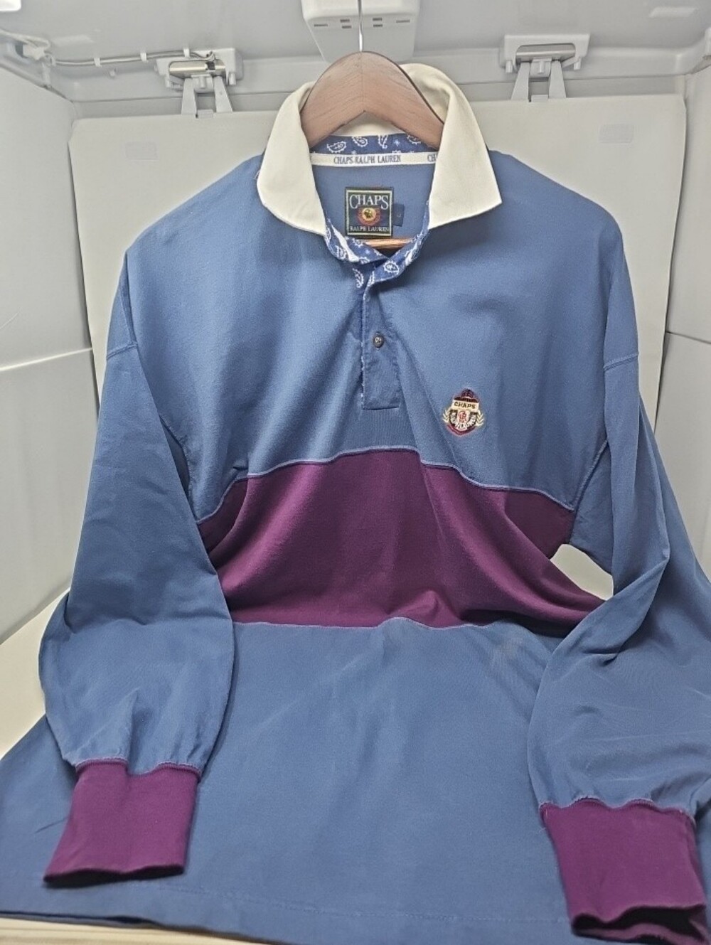 Vintage Chaps Ralph Lauren Men’s Blue and Purple Long-Sleeve Rugby